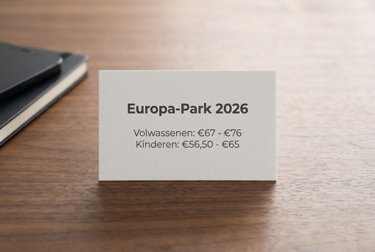 Informatiekaart met ticketprijzen voor Europa-Park seizoen 2026.