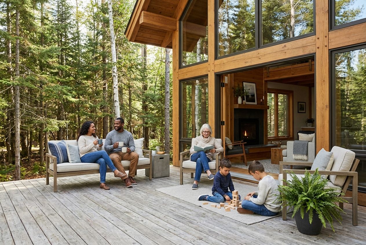 Gezin ontspant bij een modern vakantiehuisje in het bos.