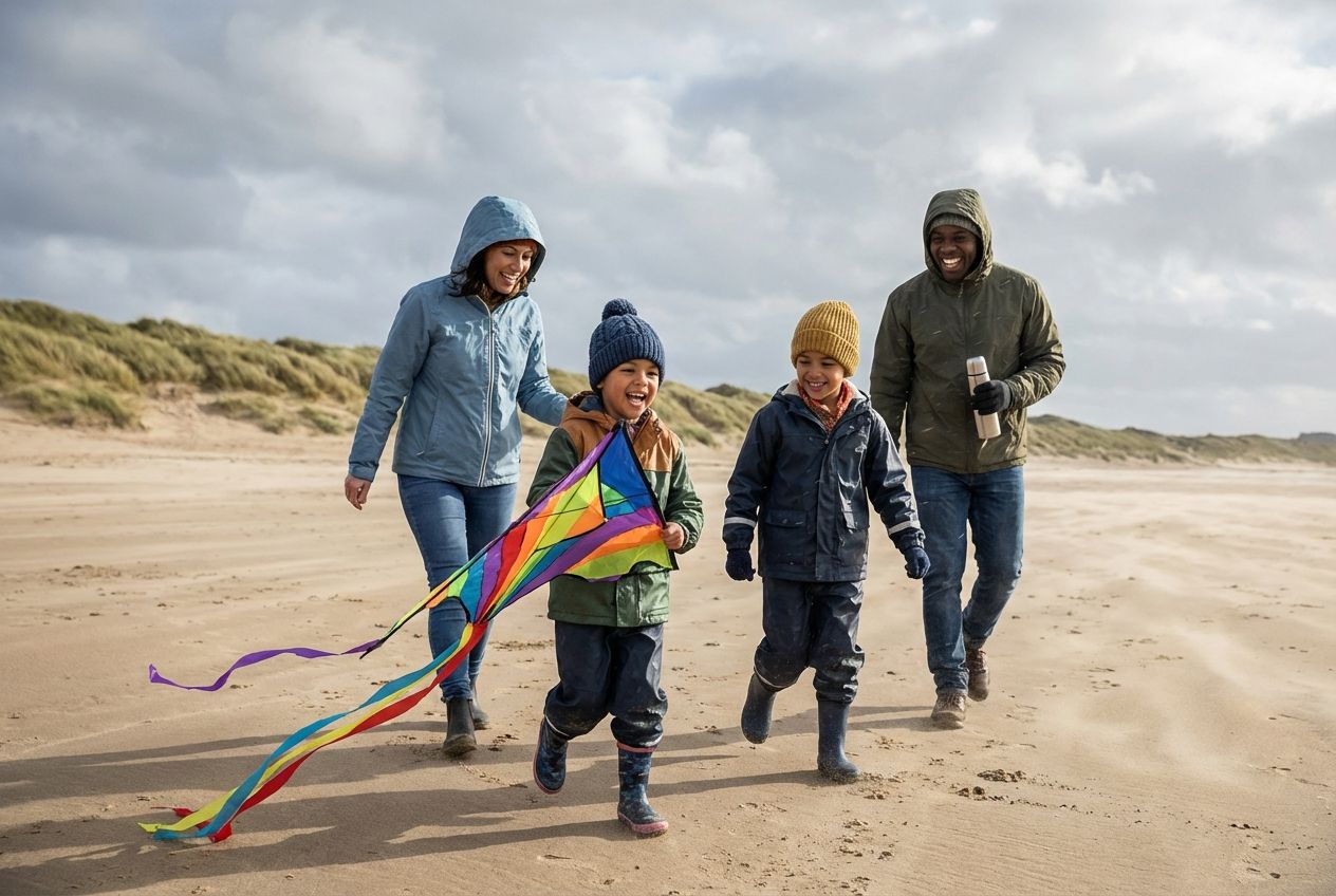 Gezin speelt met een vlieger op het strand aan de Belgische kust.