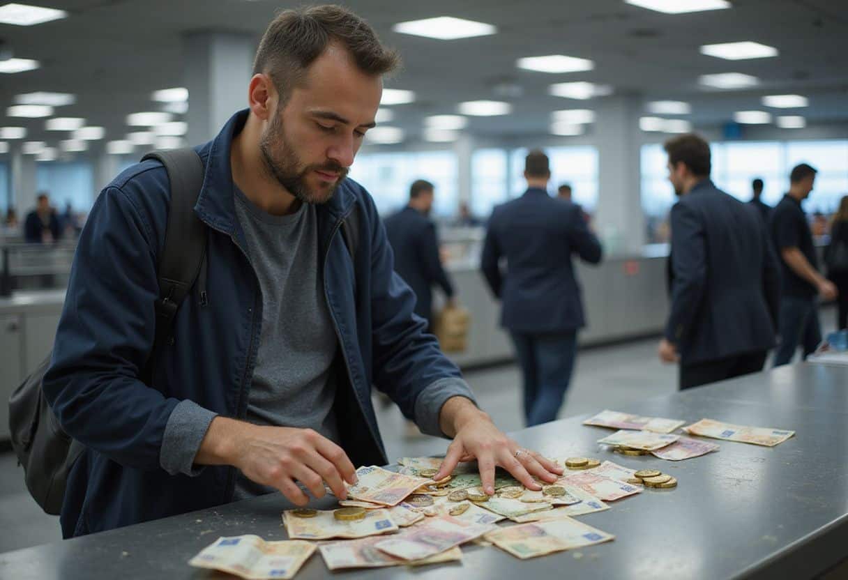 Een man telt gestapelde bankbiljetten en munten bij de beveiliging.